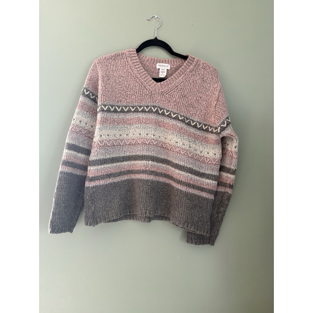 Van Heusen VTG Women's Pink Gray White Striped Knit V-Neck Pullover Sweater M